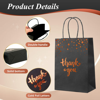 Kiooaci 16 Pcs Thank You Gift Bags Bulk Paper Gold Thank You Bags with Handle Party Favor for Wedding Birthday Baby Shower Business Shopping(Black)
