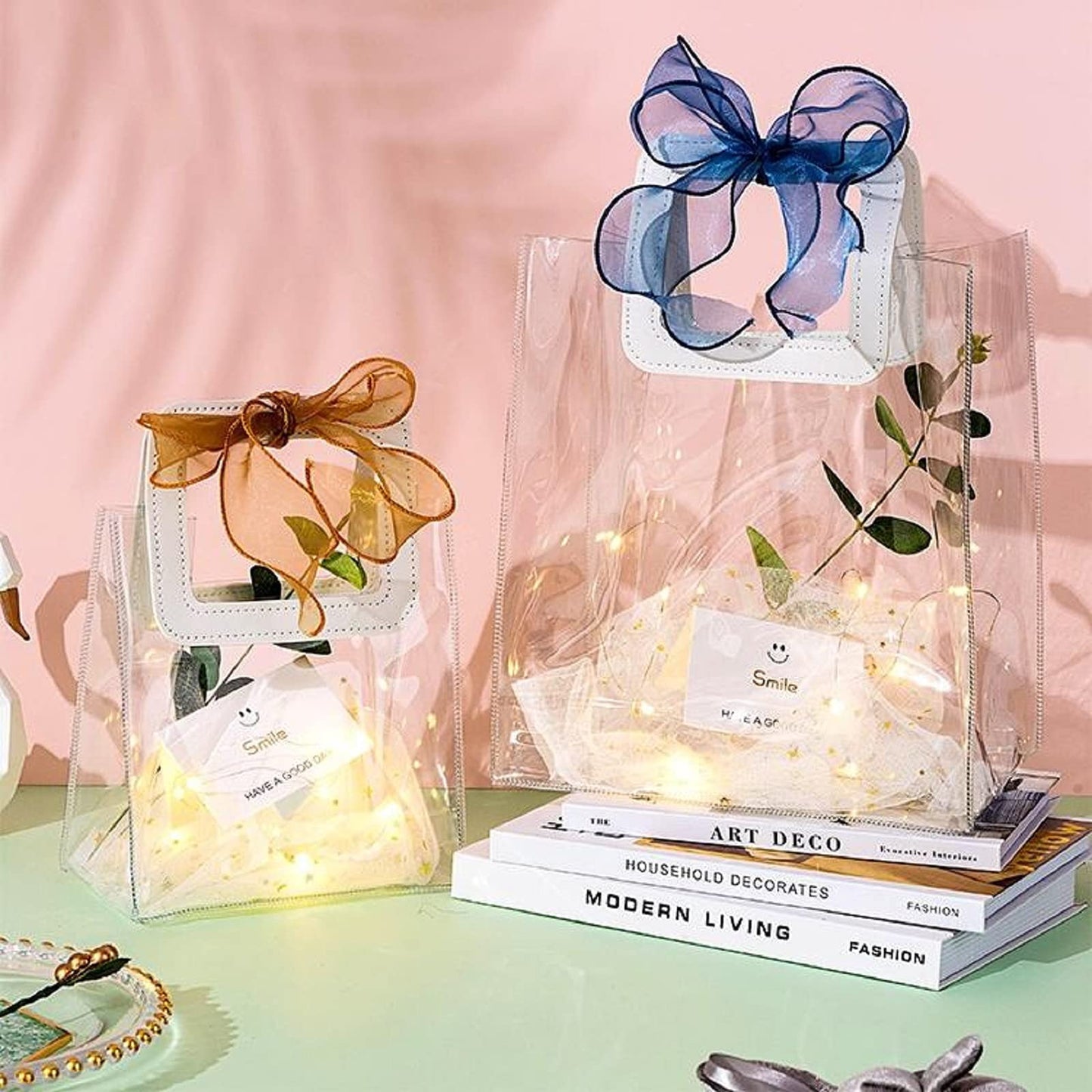 Rmannke Clear Gift Bag with Handle, 4 Pcs Transparent PVC Gift Bag, Heavy Duty Reusable Gift Wrap Bags for Bridal Party, Baby Shower, Wedding Favor, Shopping Bag Bulk- 7"x4" x8"