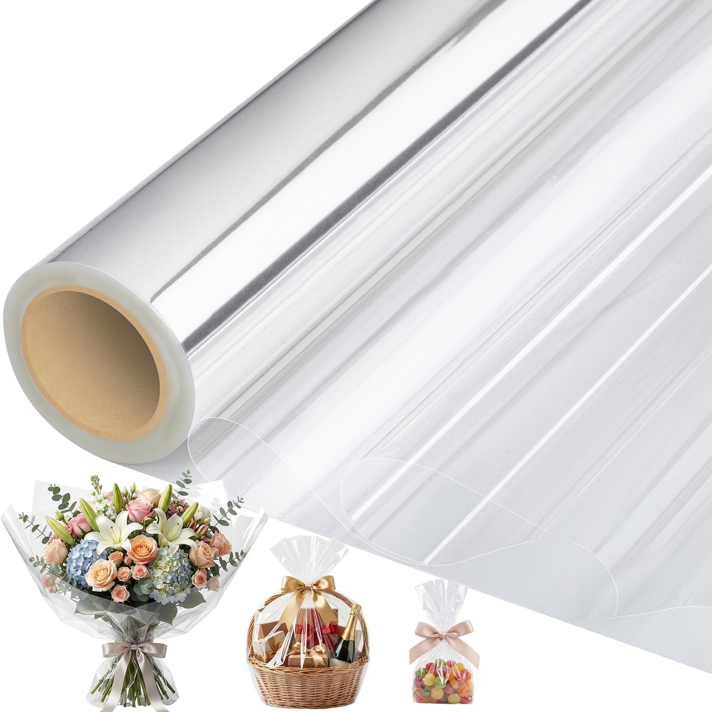 woric Cellophane Wrap for Gift Baskets 17”In X 82’ Ft Clear Cellophane Wrap Roll Gift Basket Wrapping Plastic for Graduation Gifts Baskets Treats Cookies Bouquets Birthday Wedding