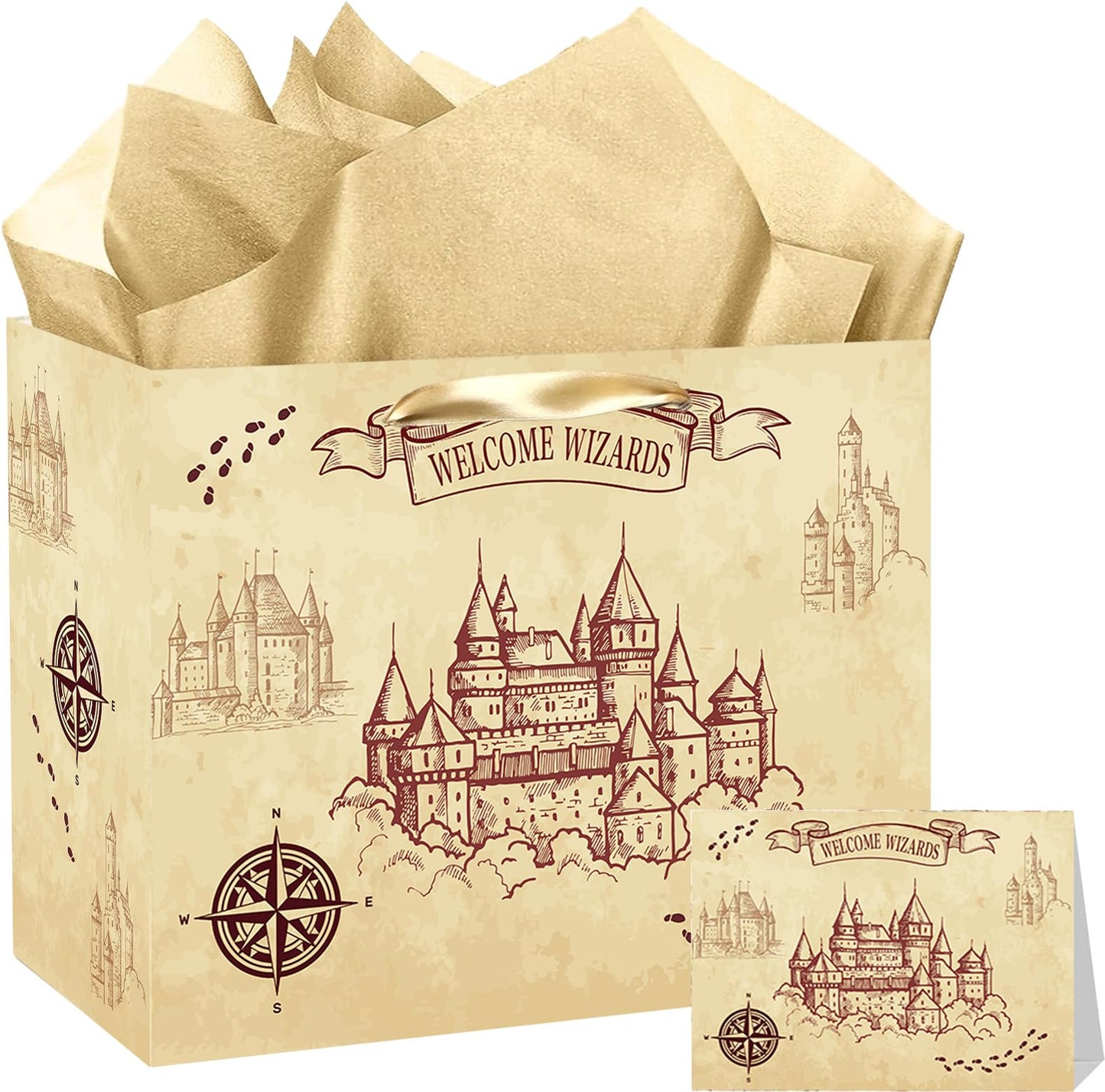 Magical Wizard Gift Bag, Large Wizard Theme Birthday Gift Bag, with Card and Tissue Paper, Christmas Party Favors Supplies for Baby Shower, Kids, Boys, Girls, Birthday, Christmas Celebrations