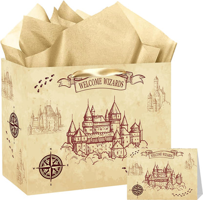 Magical Wizard Gift Bag, Large Wizard Theme Birthday Gift Bag, with Card and Tissue Paper, Christmas Party Favors Supplies for Baby Shower, Kids, Boys, Girls, Birthday, Christmas Celebrations