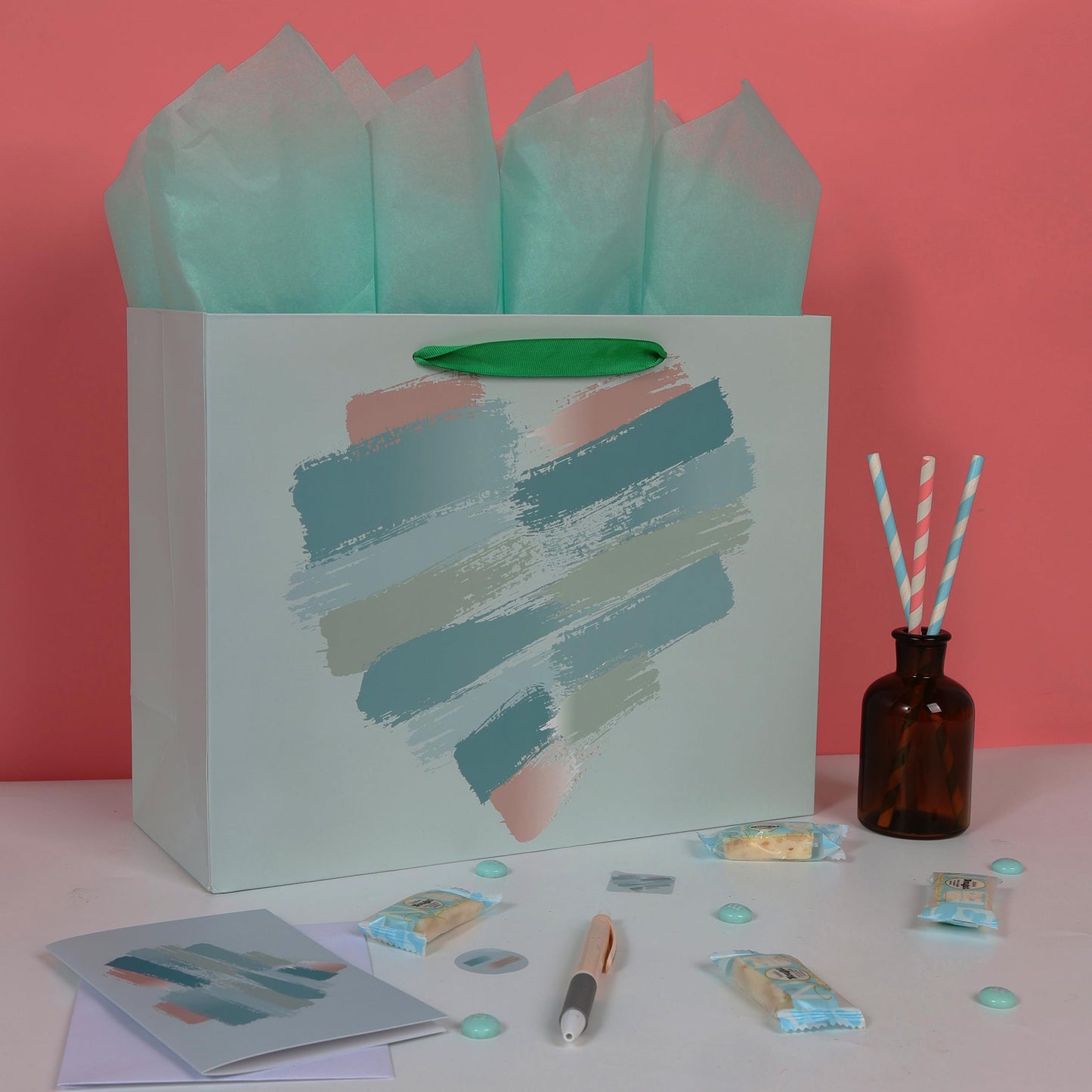 wishinside 13" Large Mint Green and Peach Gift Bag Set with Greeting Card and Tissue Papers for Valentines Day, Birthday Party, Wedding, Anniversary, Mother's Day, Brushstroke Heart Design, 1Pcs