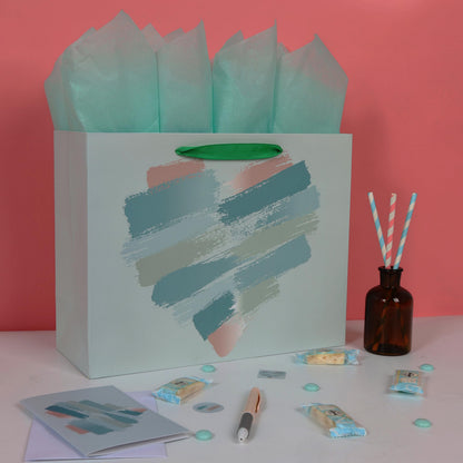wishinside 13" Large Mint Green and Peach Gift Bag Set with Greeting Card and Tissue Papers for Valentines Day, Birthday Party, Wedding, Anniversary, Mother's Day, Brushstroke Heart Design, 1Pcs