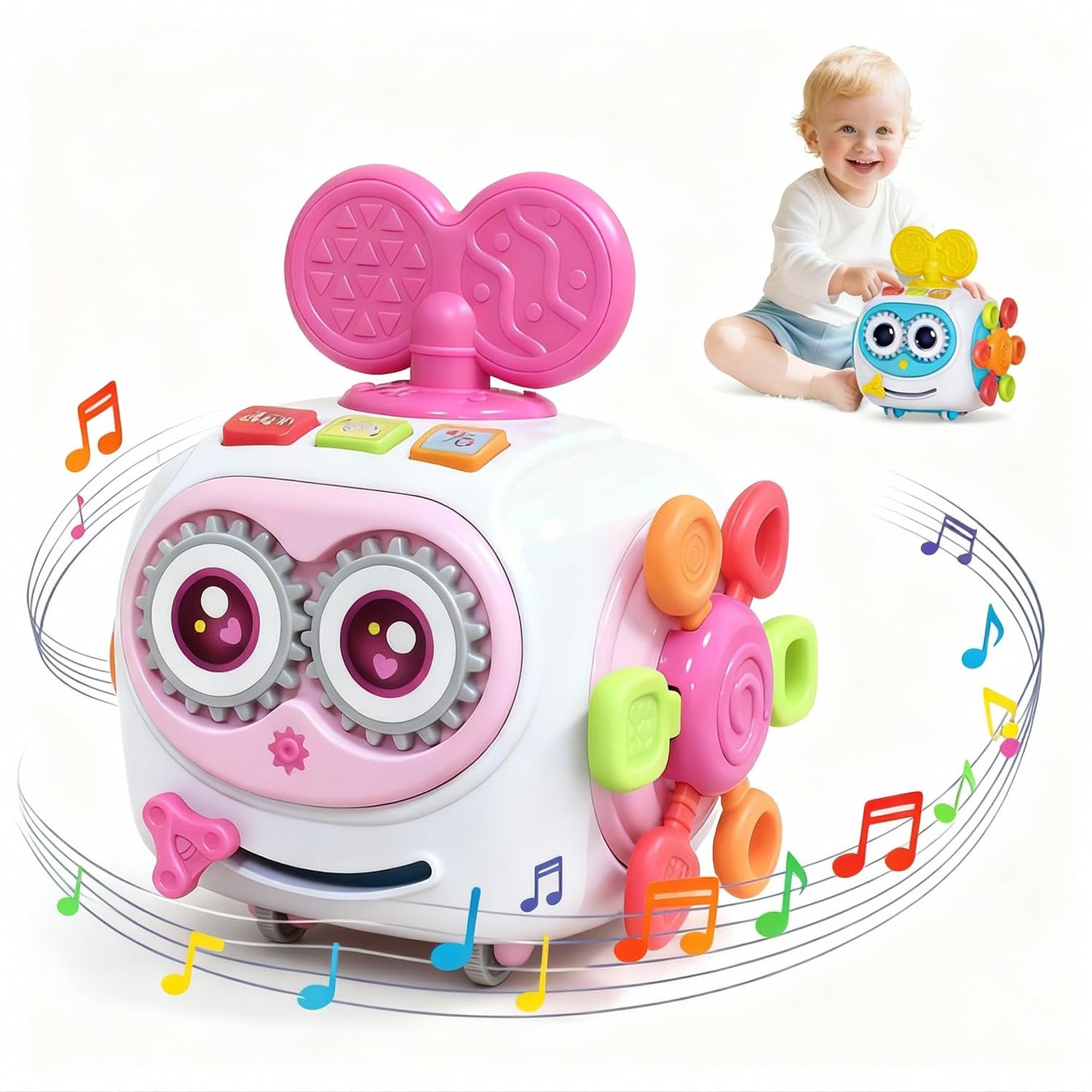 Toys for 1+ Year Old Girl, Musical Busy Cube for Toddlers 1-3 year old, Montessori 6-in-1 Activity Cube with Lights & Sounds, Wheels for Tummy Time & Crawling Training, Birthday Gifts for Baby Girl