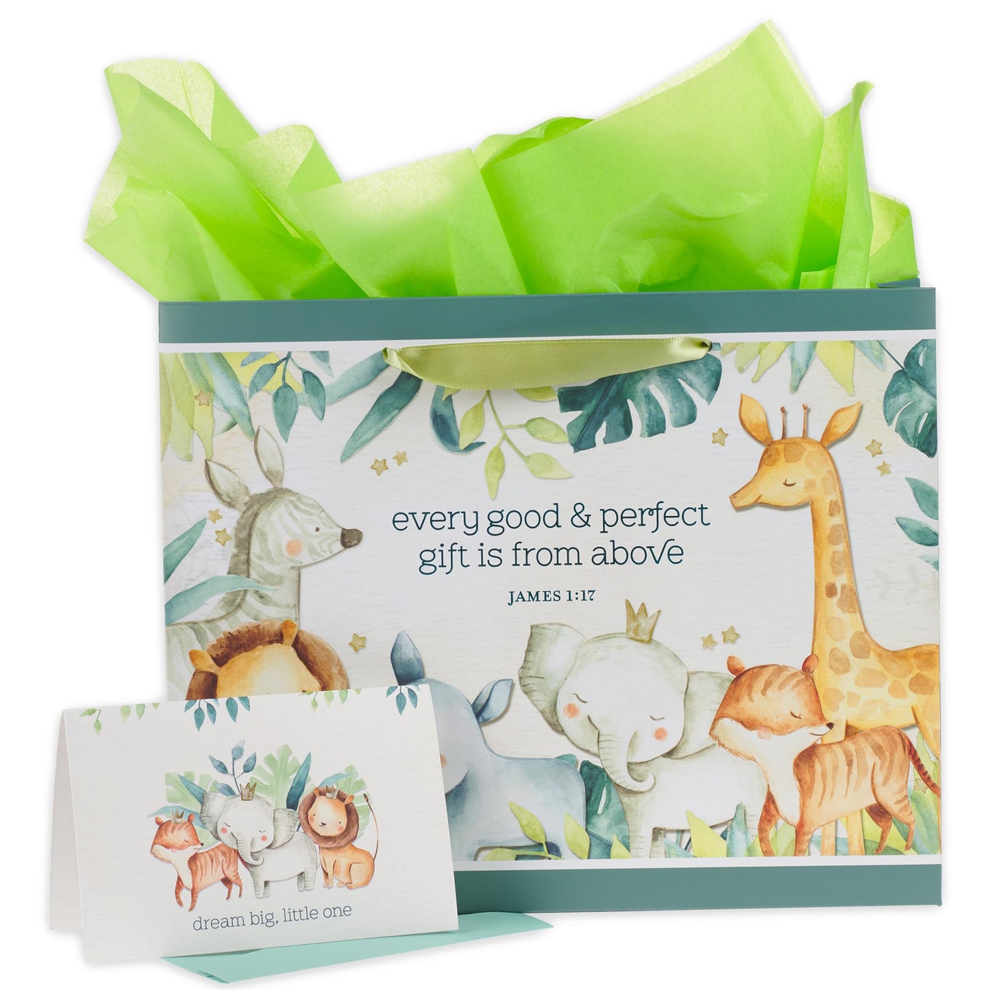 Christian Art Gifts Large Landscape Scripture Gift Bag w/Greeting Card & Tissue Paper Set for Kids: Every Gift Inspirational Bible Verse, Cute Animal Forest Theme Childrens Wrapping Accessory, Boys,