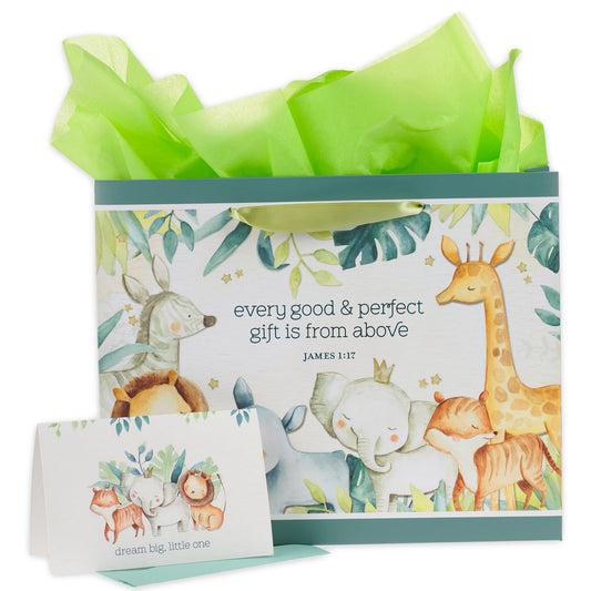 Christian Art Gifts Large Landscape Scripture Gift Bag w/Greeting Card & Tissue Paper Set for Kids: Every Gift Inspirational Bible Verse, Cute Animal Forest Theme Childrens Wrapping Accessory, Boys,