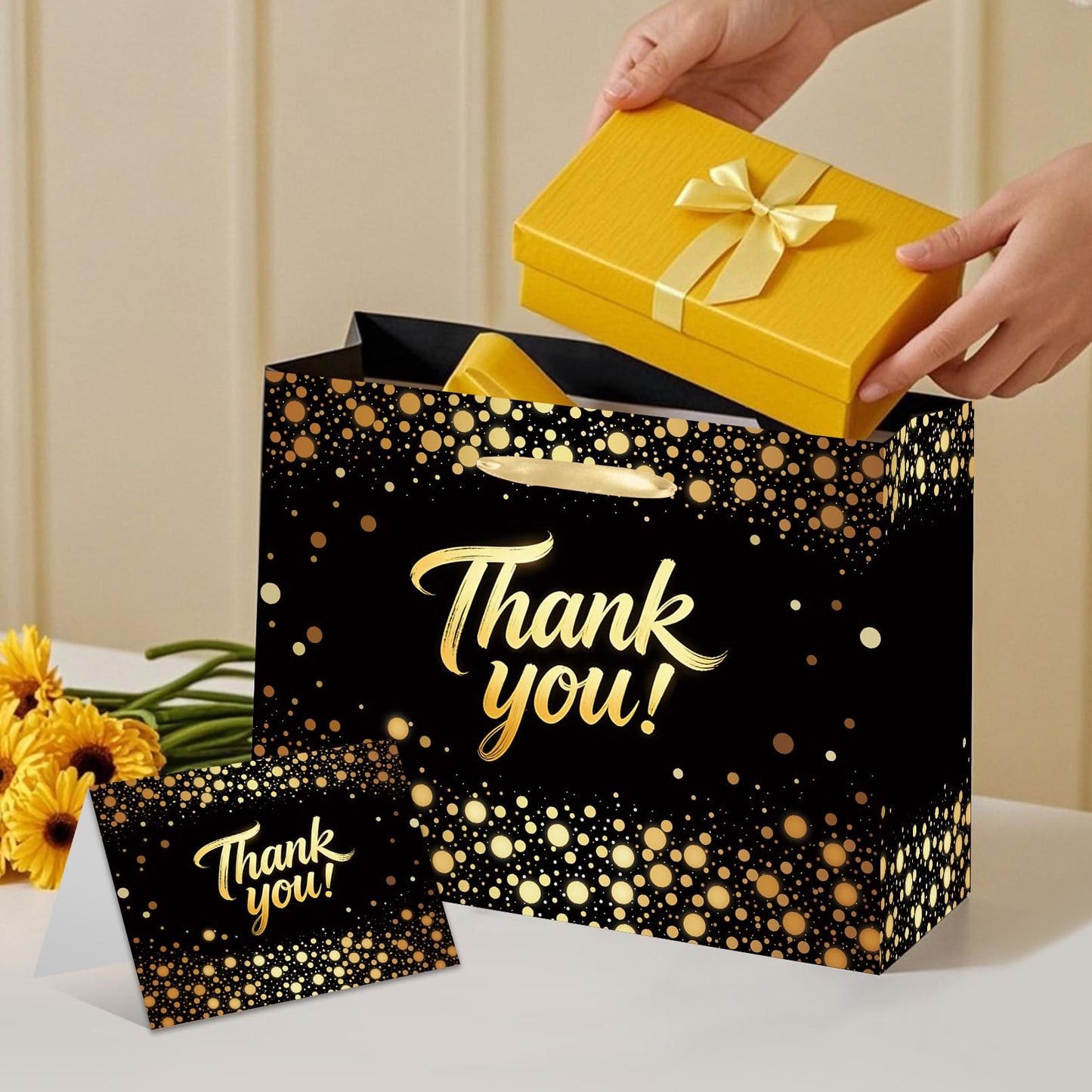 YXYASR Elegant Black Gold Thank You Gift Bag with Handles - Large Gift Bag Set Includes 3 Sheets of Gold Tissue Paper and Matching Greeting Card with Envelope - for Weddings, Graduations