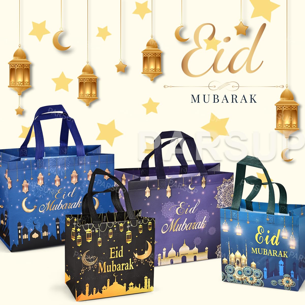 PARSUP 8PCS Eid Mubarak Reusable Gift Bags, Assorted Sizes Non-Woven Party Treat Bags with Handles for Gifts Wrapping, Party Supplies