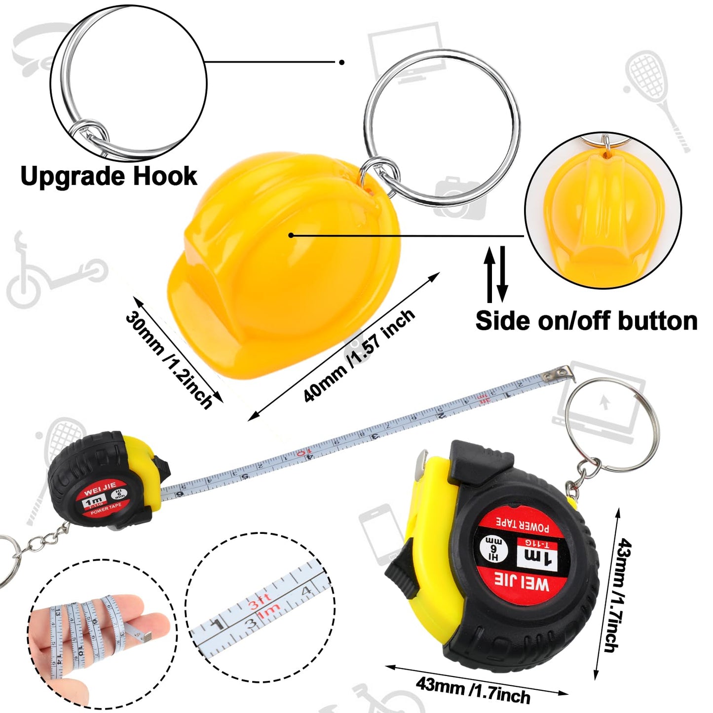 Jutom 45 Pcs Mini Construction Helmet Keychains Tape Screwdrivers Tool Adult Men Gifts Bulk for Easter Egg Stuffers Father's Day Construction Party Favors Gifts
