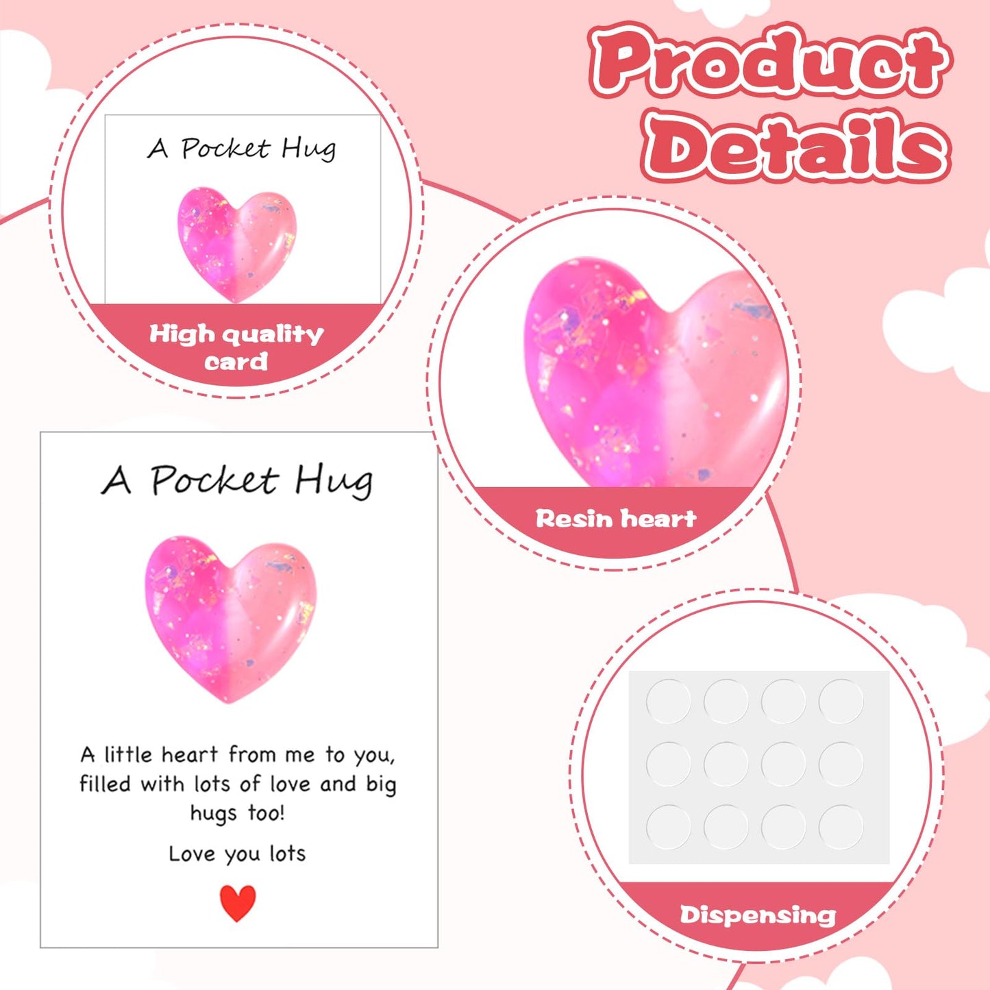 Nogeqi 8 Pcs Pocket Hug Resin Heart with Greeting Cards Thinking of You Gifts, Long Distance Relationship Gifts I Love You for Him Her, Pocket Hugs for Friend Boyfriend Girlfriend Family