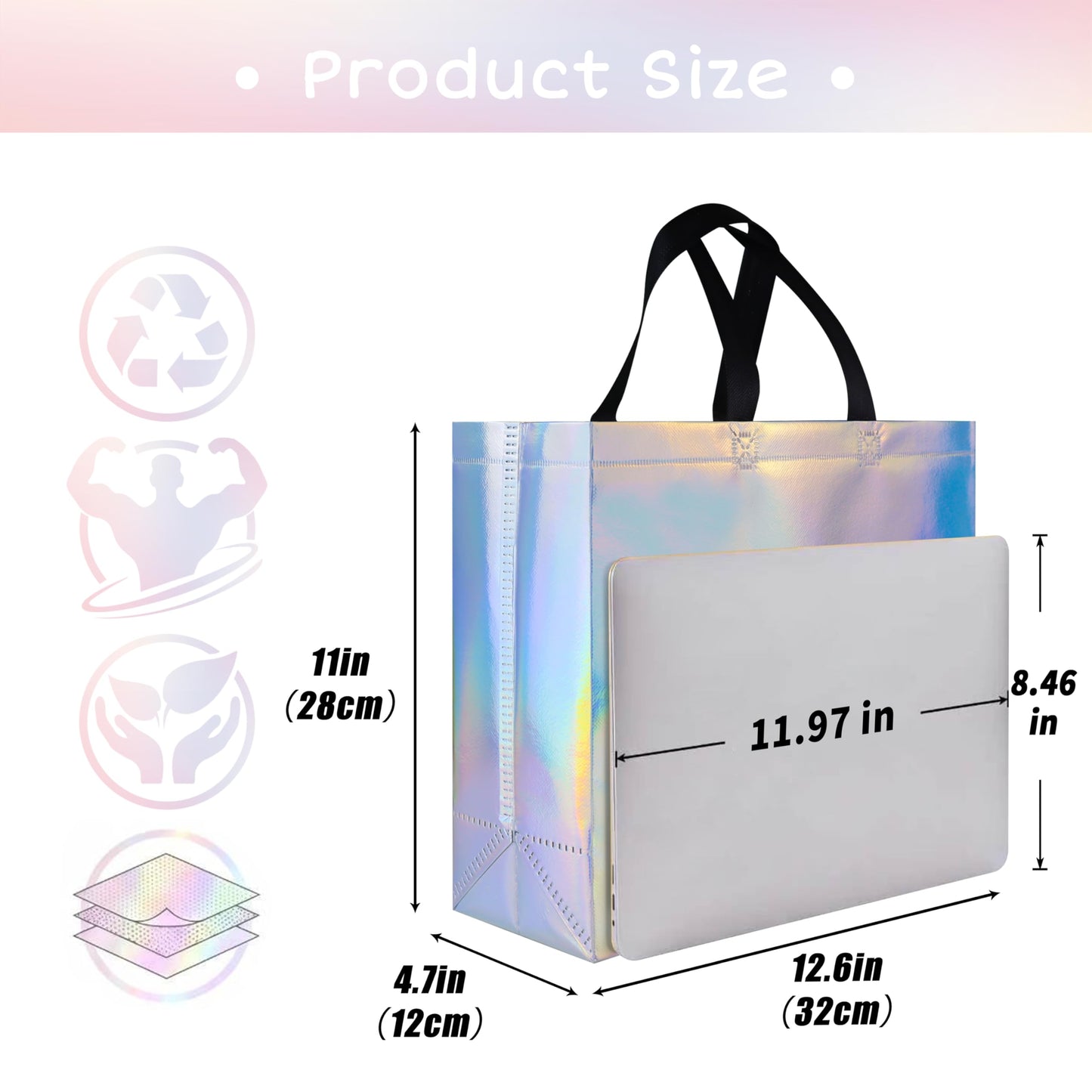 cabzymx Glossy Iridescent Gift Bags 15 Pcs, 12.6x4.7x11 In Reusable Goodie Bags Bulk with Handles & Sturdy Base, Christmas Gift Bags for Birthday, Wedding, Holiday, Party,Thanksgiving