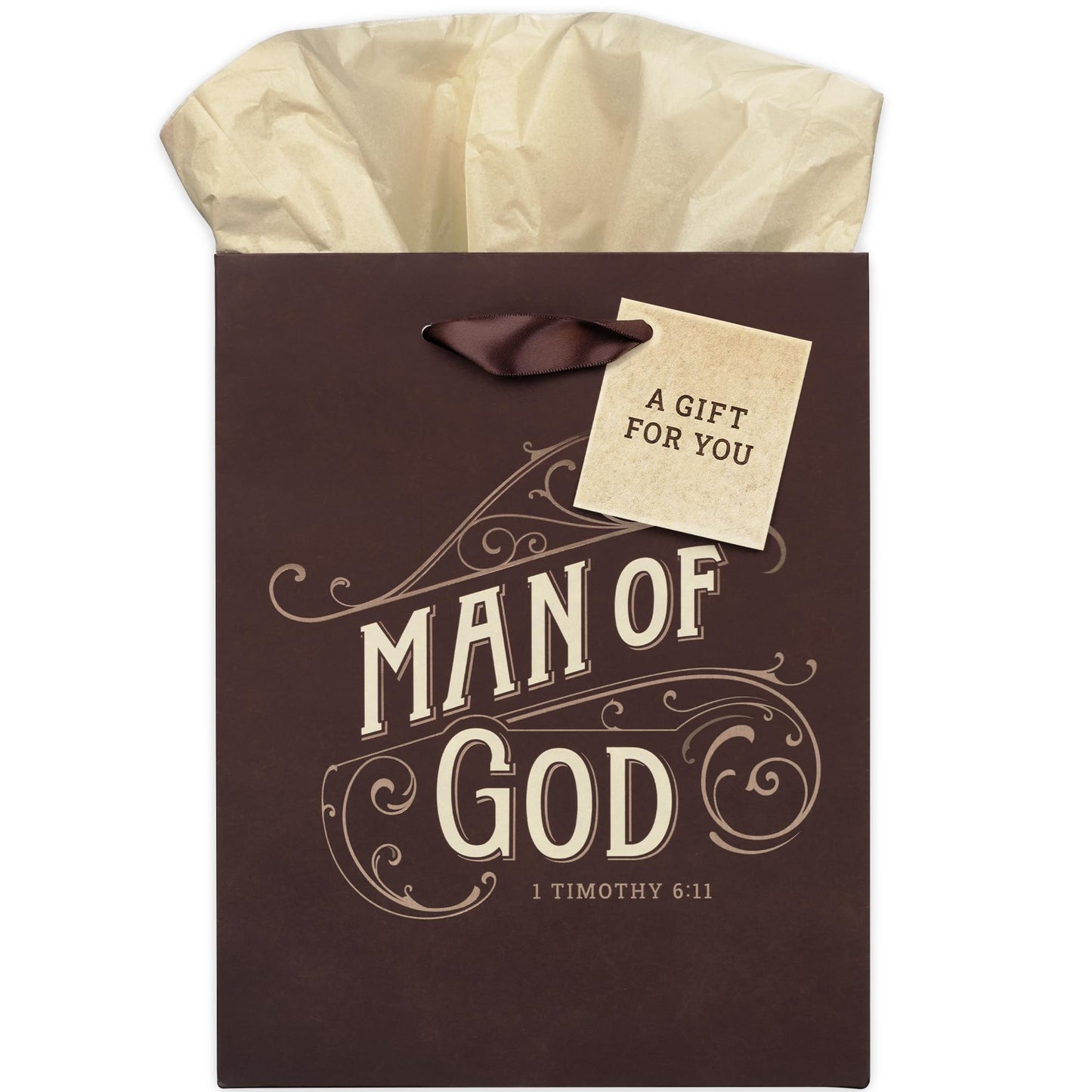 Christian Art Gifts Medium Portrait Gift Bag & Tissue Set for Men: Man of God Inspirational Scripture, Satin Handles, Brown & Gold