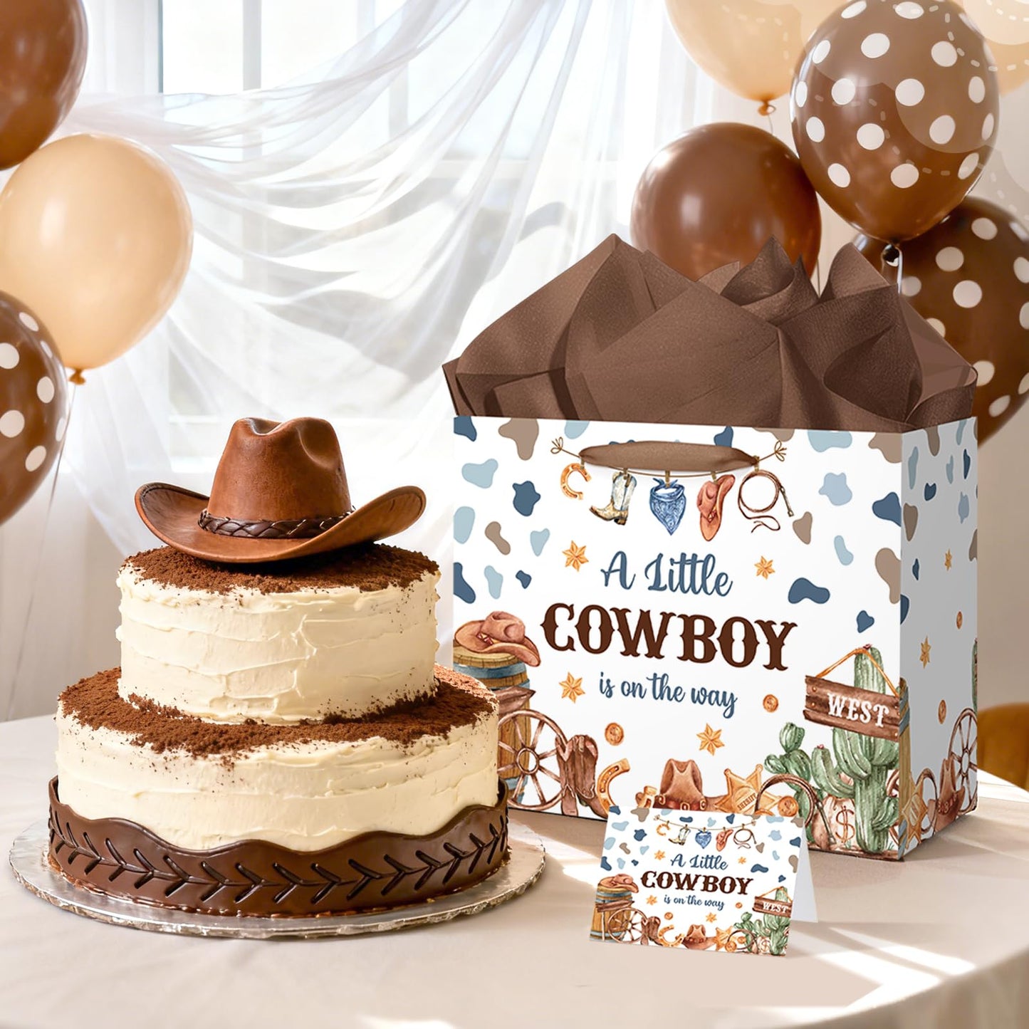 Frakron Cowboy Baby Shower Birthday Gift Bag for Baby Boys A Little Cowboy is On The Way Bag with Wrapping Paper Card Western Rodeo Gift Bag for Wild West Baby Shower Birthday Party Supplies