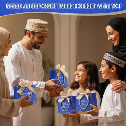 Glenmal 30 Pcs 5.51x2.36x4.72'' Ramadan Gift Bags Ramadan Mubarak Blue Paper Party Bags Eid Mubarak Treat Goodie Bag with Handle and Ribbon for Ramadans Kareem Eid Mubarak's Party Supplies
