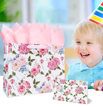 MUNILAIL 13 Inches Large Gift Bag for Women Flower Gift Bag with Handle Tissue Paper and Greeting Card for Birthday Wedding Bridal Shower Party Large Pink Paper Gift Bag