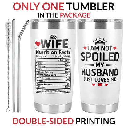 Mothers Day Gifts for Wife – I Am Not Spoiled My Husband Just Loves Me Tumbler 20Oz, Wifey Tumbler, Cool Gifts for Wives, Gift Ideas for My Wife, Birthday Present for Wife
