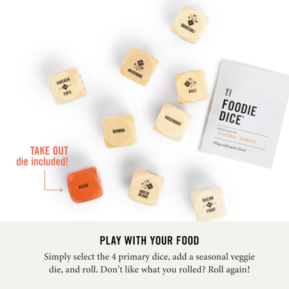 Two Tumbleweeds Foodie Dice - Set of 9 Dice to Inspire Creative, Seasonal Meals with Take Out Die - Unique Cooking Gift