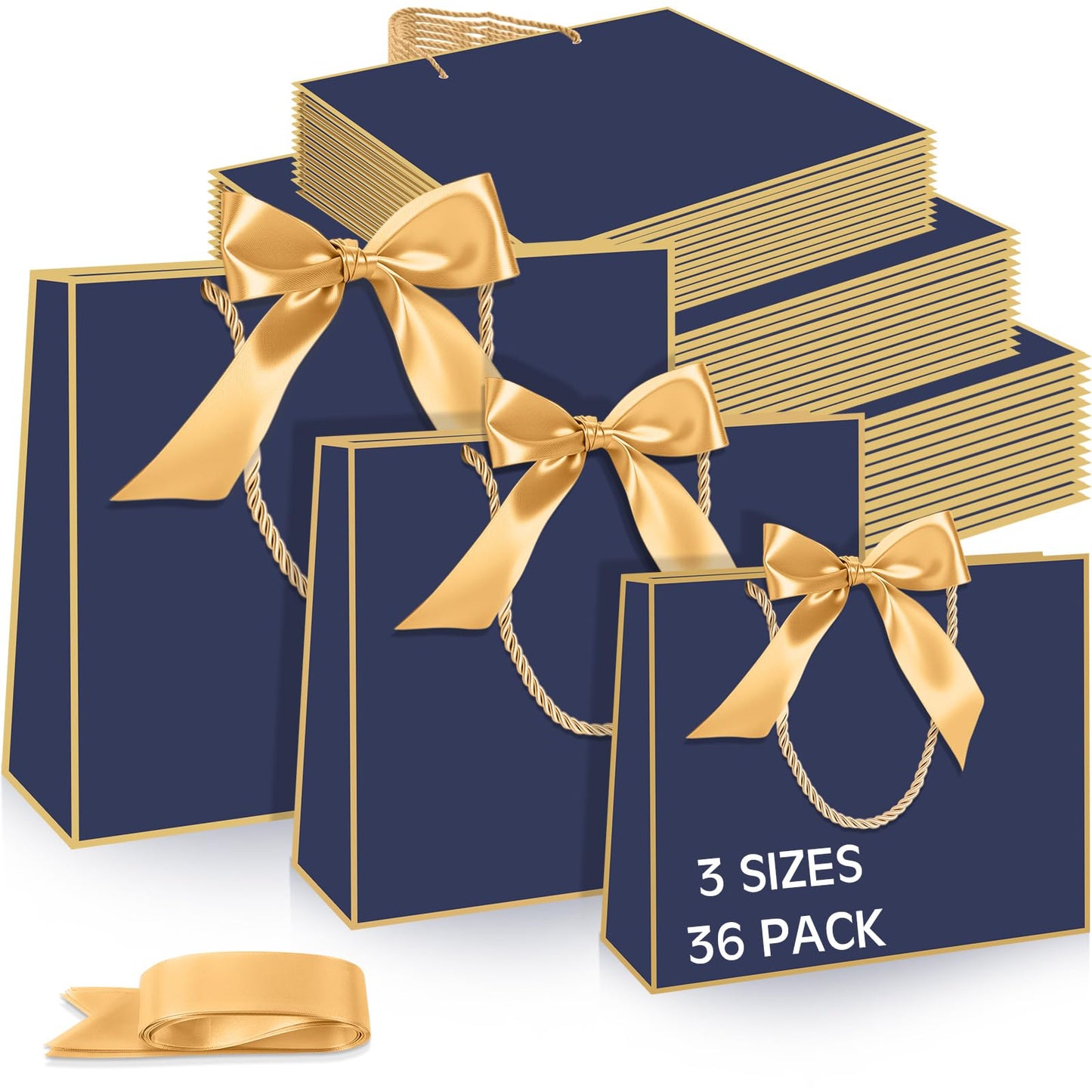 Tosstuki 36 Pack Thank You Gift Bags with Handle 3 Sizes Welcome Bags Thank You Return Gifts with Bow Ribbon for Birthday Party Wedding Bridesmaid(Navy Blue,Gold)