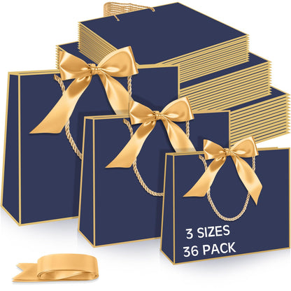 Tosstuki 36 Pack Thank You Gift Bags with Handle 3 Sizes Welcome Bags Thank You Return Gifts with Bow Ribbon for Birthday Party Wedding Bridesmaid(Navy Blue,Gold)