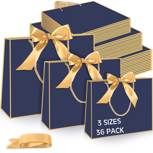 Tosstuki 36 Pack Thank You Gift Bags with Handle 3 Sizes Welcome Bags Thank You Return Gifts with Bow Ribbon for Birthday Party Wedding Bridesmaid(Navy Blue,Gold)