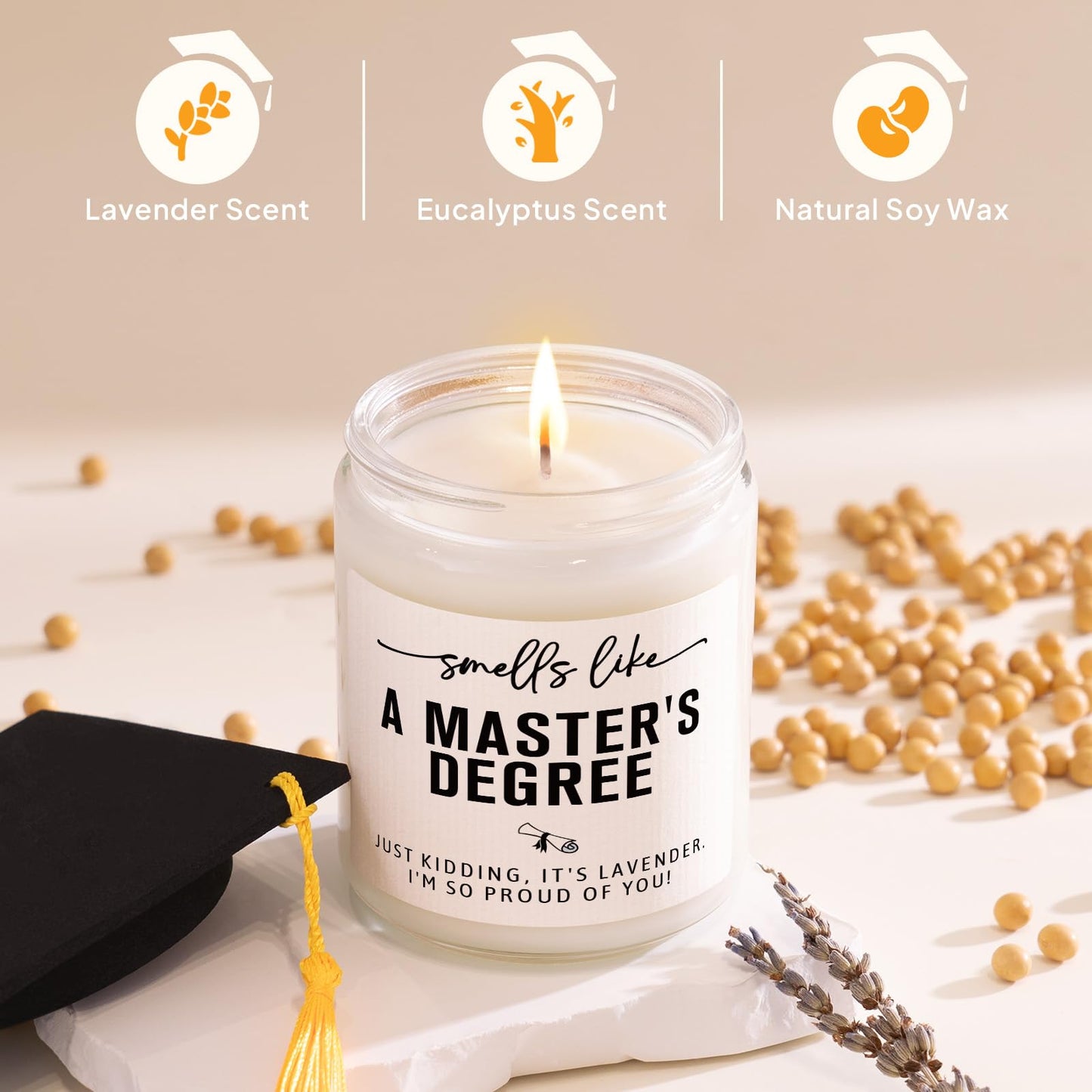 Masters Degree Graduation Gifts- Funny Masters Degree Candle with Mortarboard- Graduation Gift for Her/Him/Graduates, Grad Gift for Women/Men, Lavender, Soy Wax