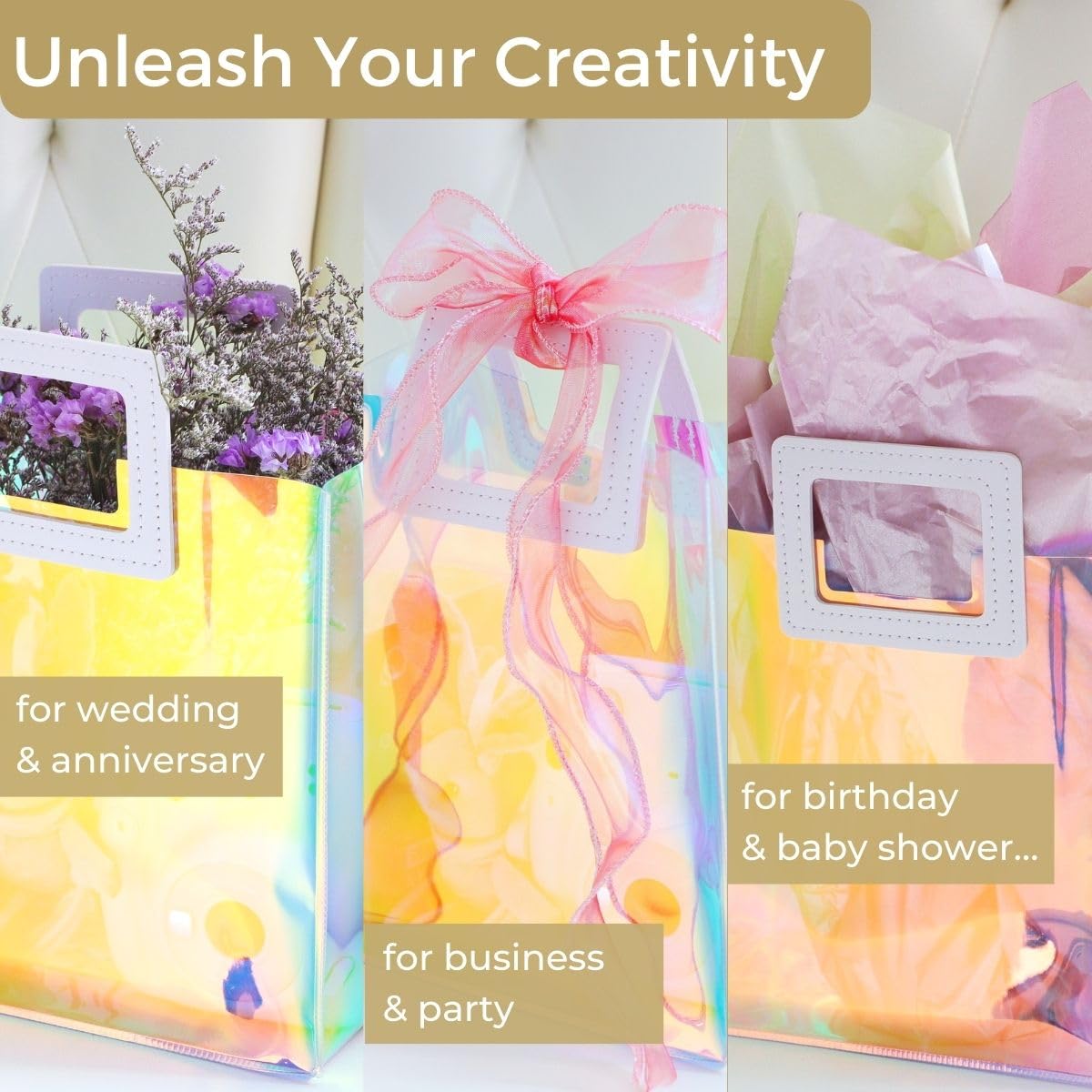 VUOJUR Holographic Small Gift Bag 8.3x8x4'' Clear Reusable Birthday Gift Bag for Women Girls Iridescent Bachelorette Wedding Christmas with Handle
