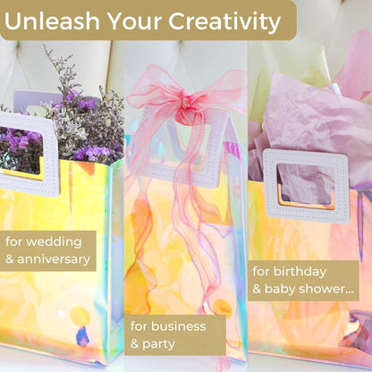 VUOJUR Holographic Small Gift Bag 8.3x8x4'' Clear Reusable Birthday Gift Bag for Women Girls Iridescent Bachelorette Wedding Christmas with Handle