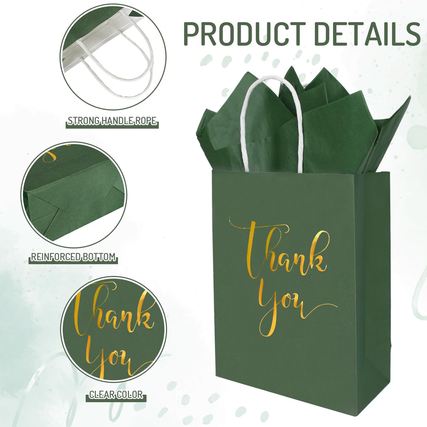 Whaline 30Pcs Sage Green Thank You Paper Gift Bags 6.3 x 3.1 x 8.7 inch 3 Colors Gold Foil Thank You Party Favor Bag with Handle 40 Sheet Tissue Paper for Wedding Birthday One Lucky Duck Gift Wrapping
