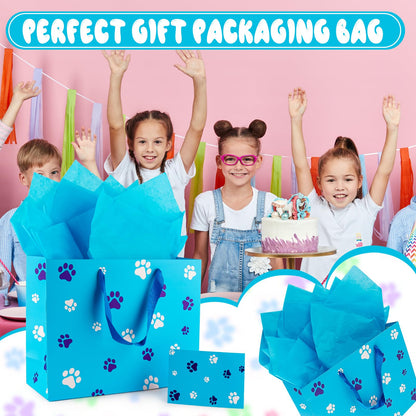FUNCANDLE 13" Blue Dog Paw Print Gift Bags with Cards Tissue Paper, Blue White Dog Wrapping Paper Dog Themed Party Decoration for Girl Boy Kids Christmas Pet Birthday Gift Party Supplies