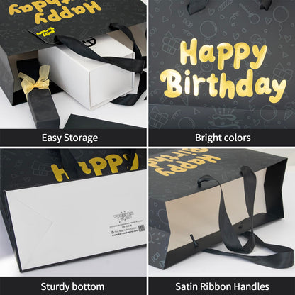 FOREVER 7 STAR Black Happy Birthday Gift Bag With Handles Tissue Papers and Greeting Card,13 Inch Medium Size for Birthday Perfect for Men,Dad,Boy