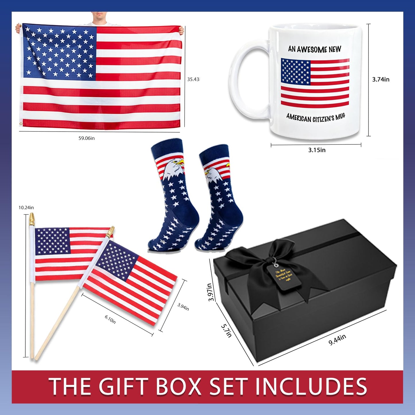 6Pcs New US Citizenship Gifts American Flag Gifts Set, 4th of July Decorations Gift, American Citizenship Gifts for Veterans, Includes Mug, American Flag and Socks, Black Bow Gift Box & More