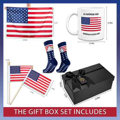 6Pcs New US Citizenship Gifts American Flag Gifts Set, 4th of July Decorations Gift, American Citizenship Gifts for Veterans, Includes Mug, American Flag and Socks, Black Bow Gift Box & More
