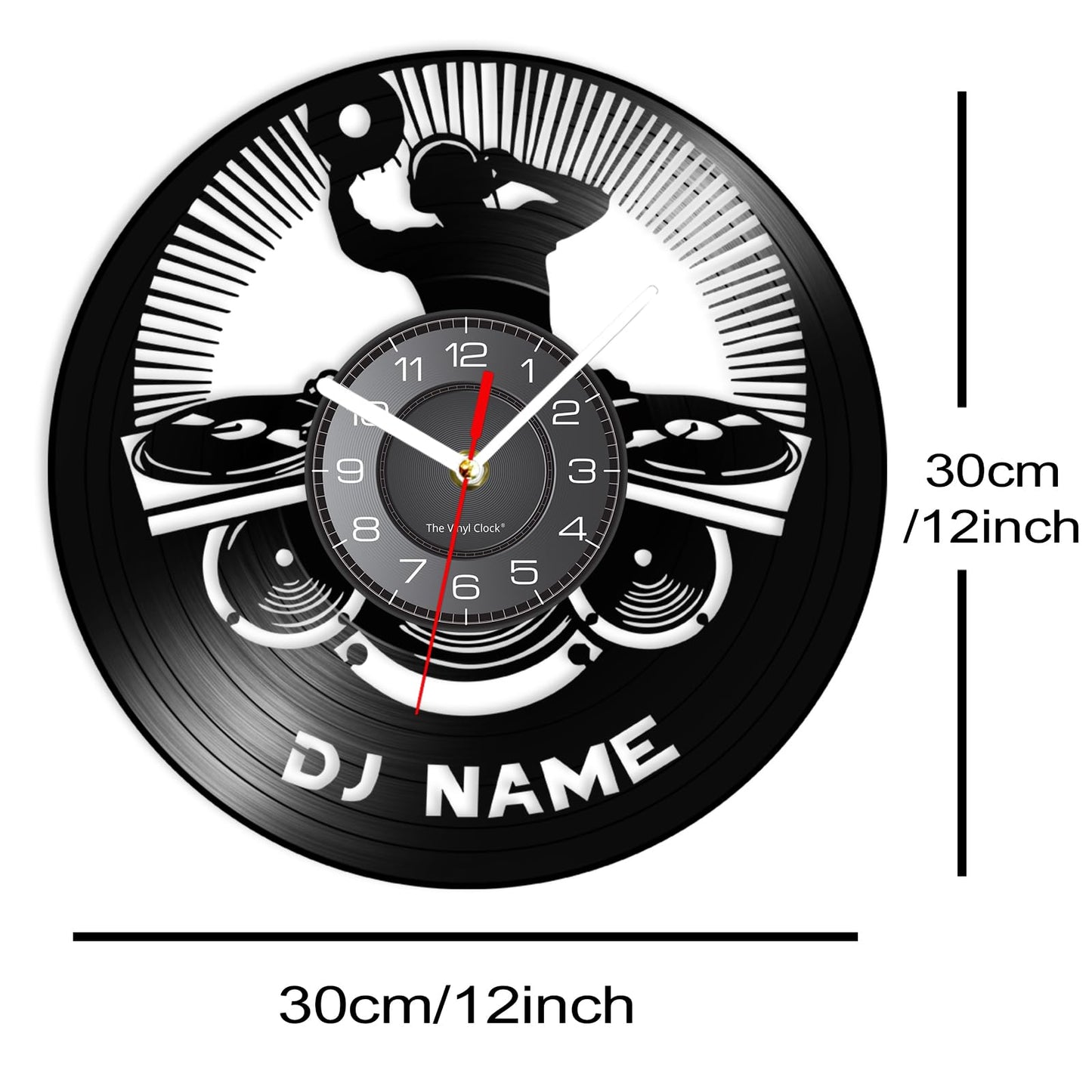 12 Inch Personalized Dj Name Clock, Custom Dj Music Vinyl Record Wall Clock Silent Non-Ticking Battery Operated Clock Wall Watch Gifts for Dj Man Cave Bedroom Music Room Studio