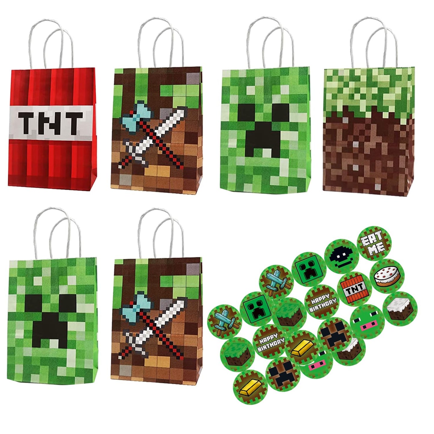 New 48pc Pixel Party Gift Bags - 24pcs Paper Bags & Stickers, Cute DIY Themed Party Supplies for Kids' Birthdays