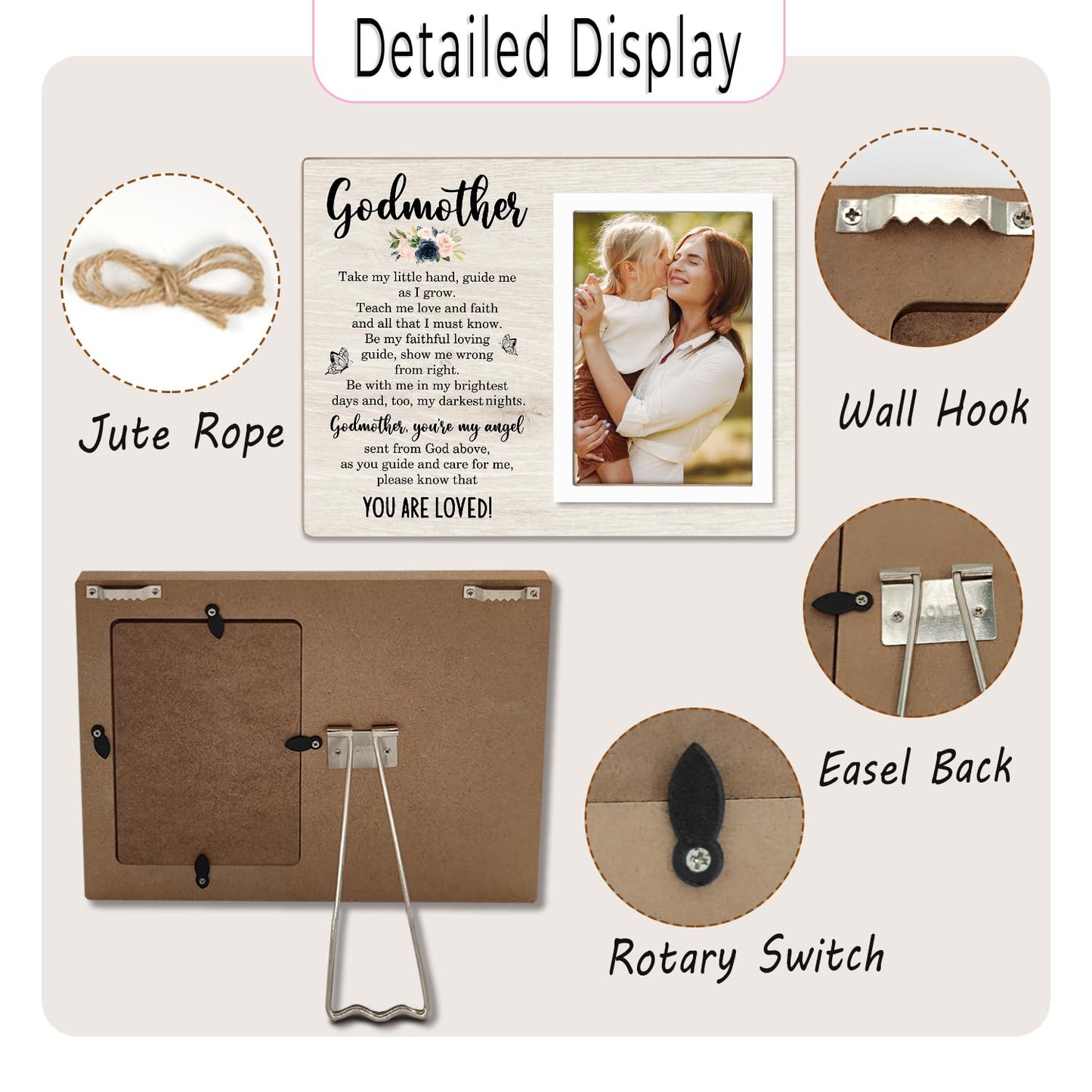Godmother Gift Picture Frame, Godparents Appreciation Present, Baptism or Birthday Gift for Godmother, Mother’s Day Wooden Photo Frame-You Are Loved