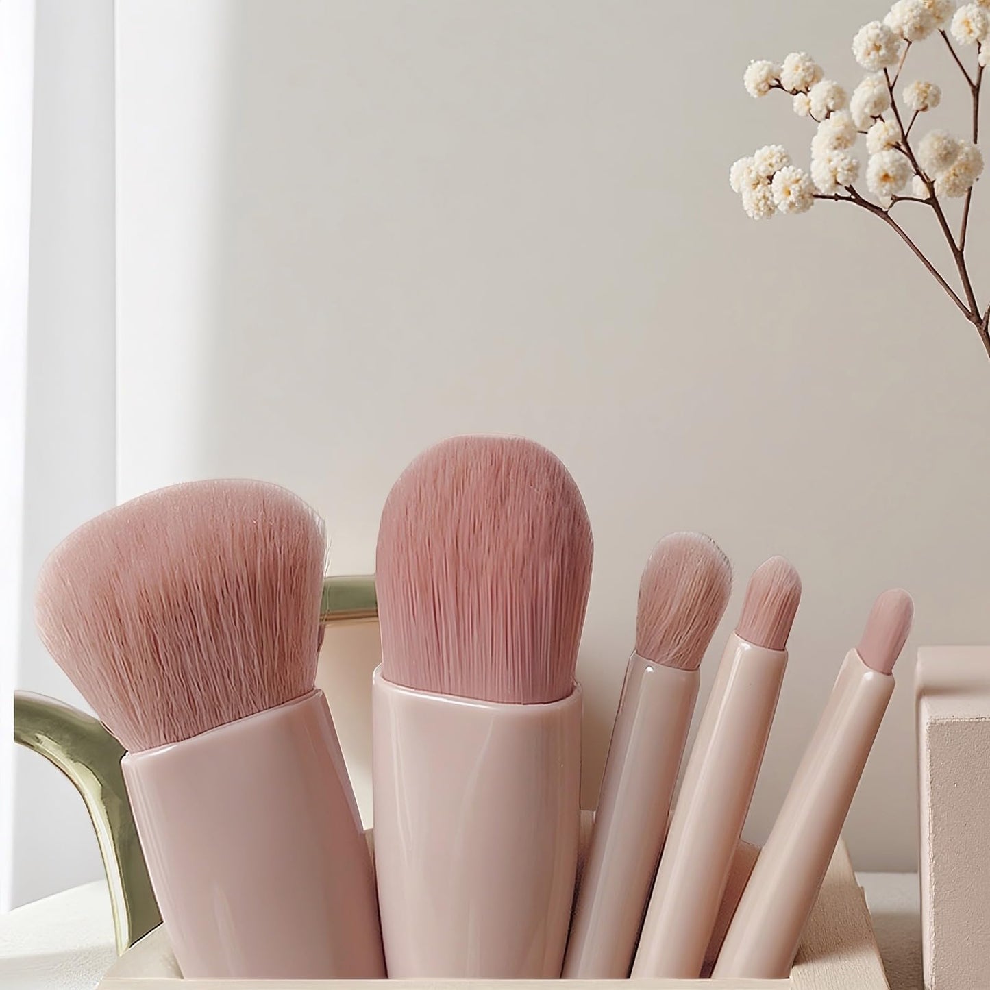 5-Piece Professional Makeup Brush Set with Mirror & Travel Case Hypoallergenic Vegan Bristles for Sensitive Skin Luxury Gift-Ready Box,Portable Cosmetic Kit for Brides,Travel,On-the-Go Touchups (Pink)