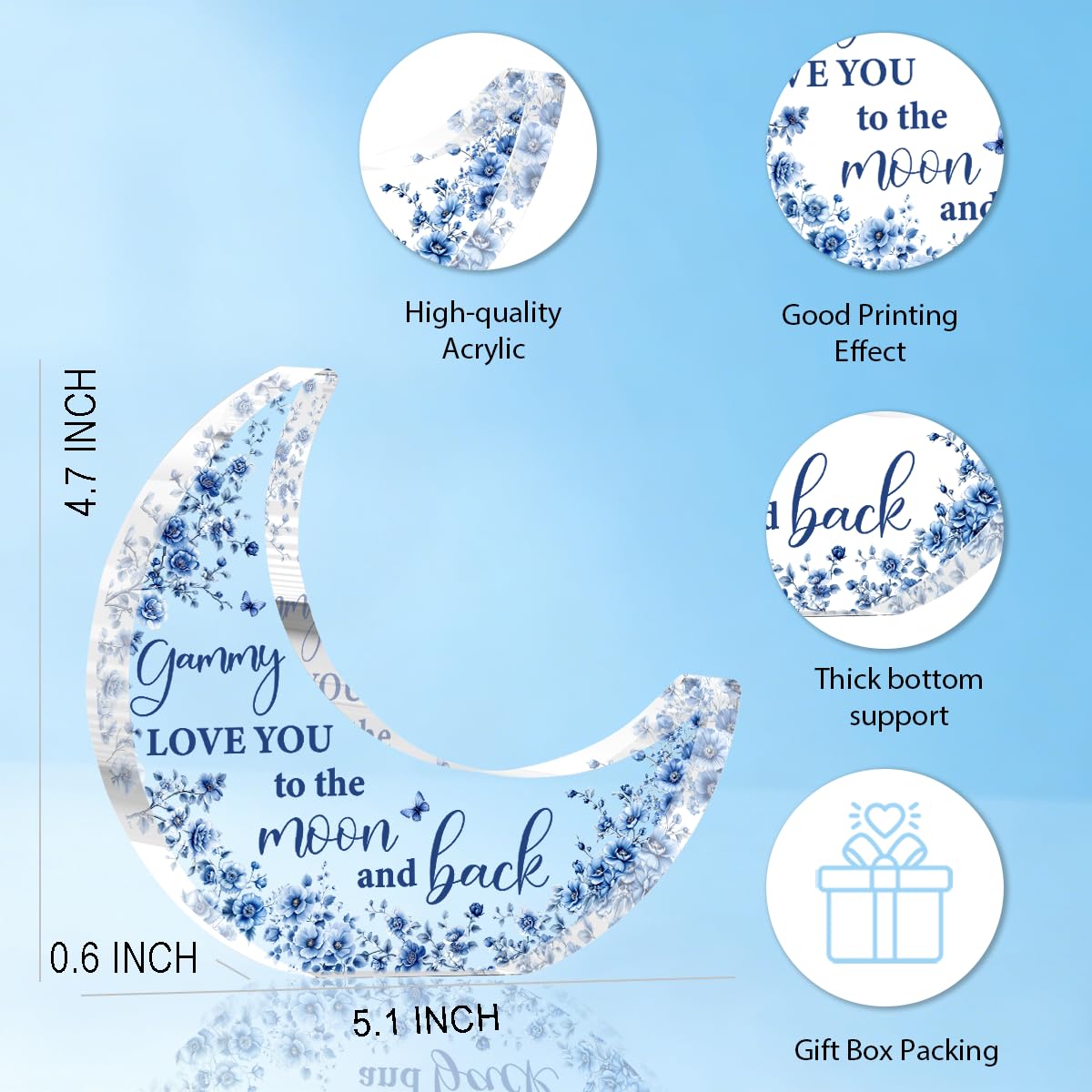 Gammy Gifts, Mothers Day Birthday Gifts for Grandma, Moon Acrylic Desk Decorations, Retirement Appreciation Gift for Women Granny Nana, Blue Floral Acrylic Plaque for Office Bedroom Decor