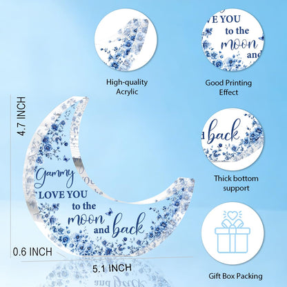 Gammy Gifts, Mothers Day Birthday Gifts for Grandma, Moon Acrylic Desk Decorations, Retirement Appreciation Gift for Women Granny Nana, Blue Floral Acrylic Plaque for Office Bedroom Decor