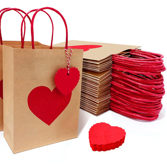 Kidum 36 Pieces Valentines Day Gift Bags with Tags valentines Day Party Favor Bags with Handles Valentines Day Goodie Bag Heart Love Paper Bags for Wedding, Birthday, Baby Shower