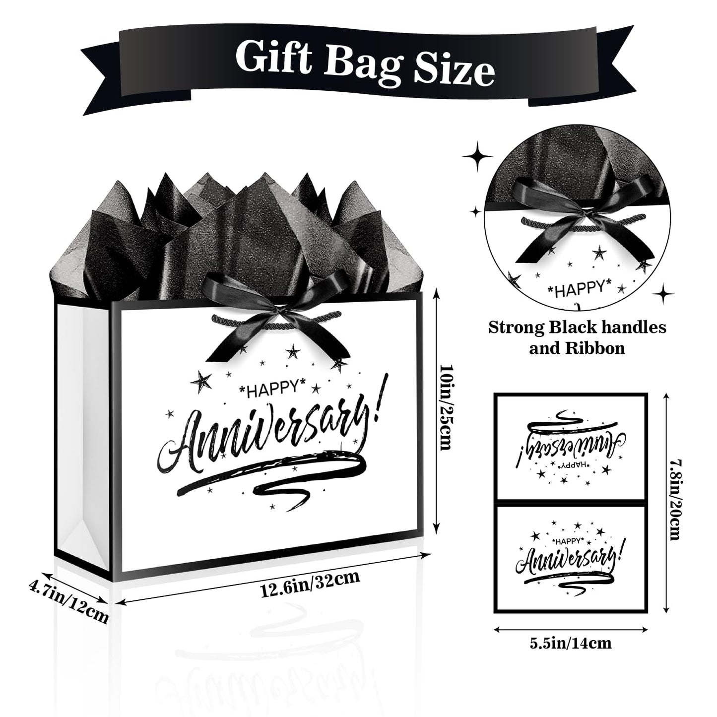 XiaosRen Happy Anniversary Bag with Tissue Papers and Card, White Black Gift Bag with Ribbon for Men Women Anniversary Party Supplies (Star)