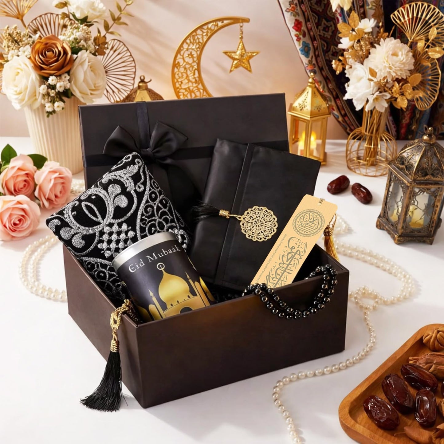 Geiserailie 8 Pcs Islamic Ramadan Eid Gifts Set Include Prayer Rug with Prayer Bead and Portable Bag Quran Metal Bookmark Tumbler Scented Candle Bracelet Box for Men Women Eid Holidays New Year Gifts