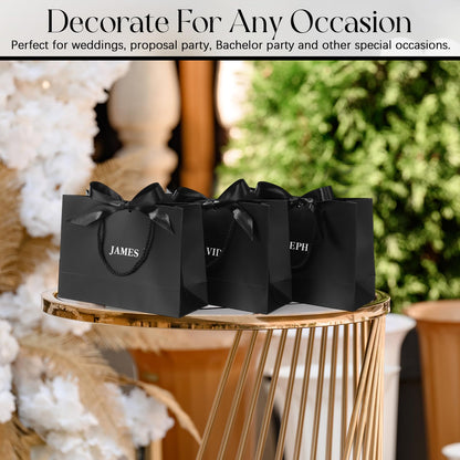 Fullhawl 6 Pack Custom Gift Bags Bulk Personalized Black Groomsmen Gift Bags with Name Logo Stickers Handle Bow Ribbon 5 Senses Welcome Return Gifts for Wedding Proposal Bachelor Birthday Party