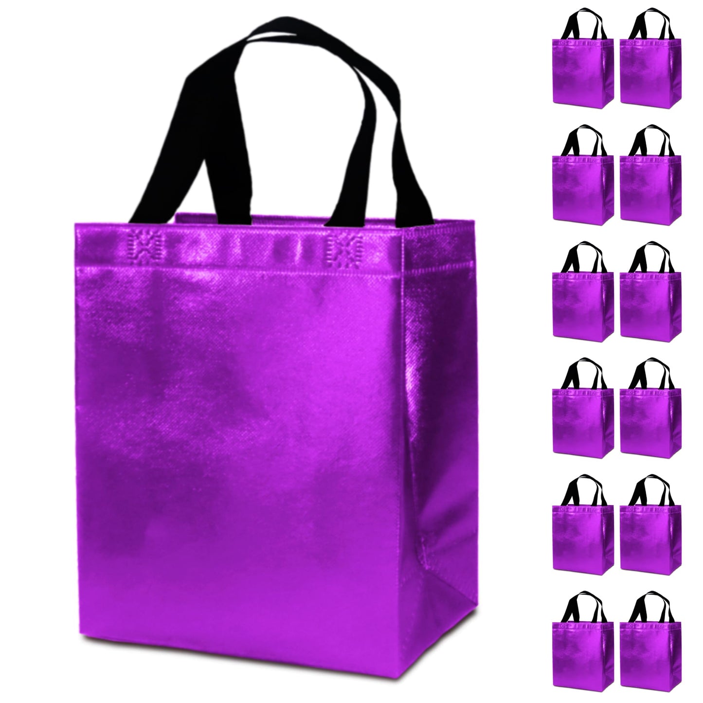 12 Purple Gift Bags with Tissues - Medium Sturdy Reusable Metallic Non-Woven 8x4x10 for Easter, Mother's Day, Graduations, Weddings & Birthdays