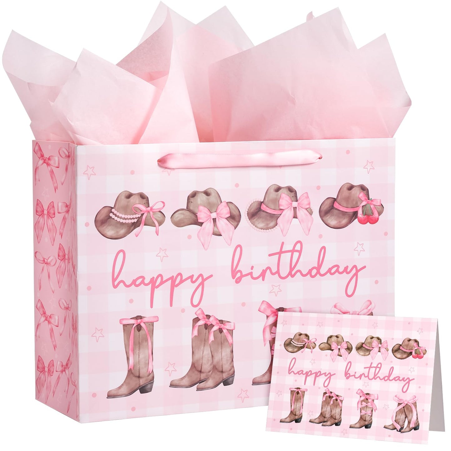 WRAPAHOLIC 13" Large Pink Cowgirl Birthday Gift Bag with Card and Tissue Paper - Western Bow Happy Birthday Wrapping Paper Bags for Party Favors Decor Girls Women Supplies