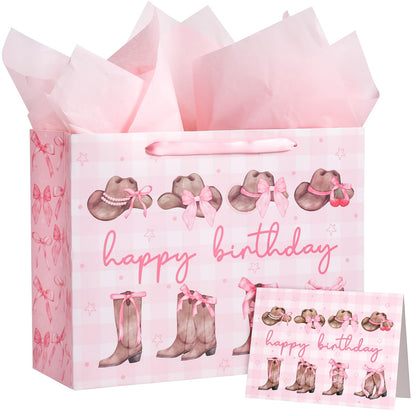 WRAPAHOLIC 13" Large Pink Cowgirl Birthday Gift Bag with Card and Tissue Paper - Western Bow Happy Birthday Wrapping Paper Bags for Party Favors Decor Girls Women Supplies