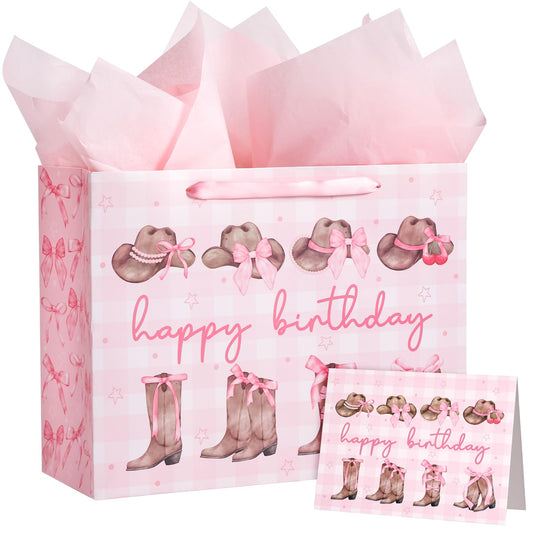 WRAPAHOLIC 13" Large Pink Cowgirl Birthday Gift Bag with Card and Tissue Paper - Western Bow Happy Birthday Wrapping Paper Bags for Party Favors Decor Girls Women Supplies
