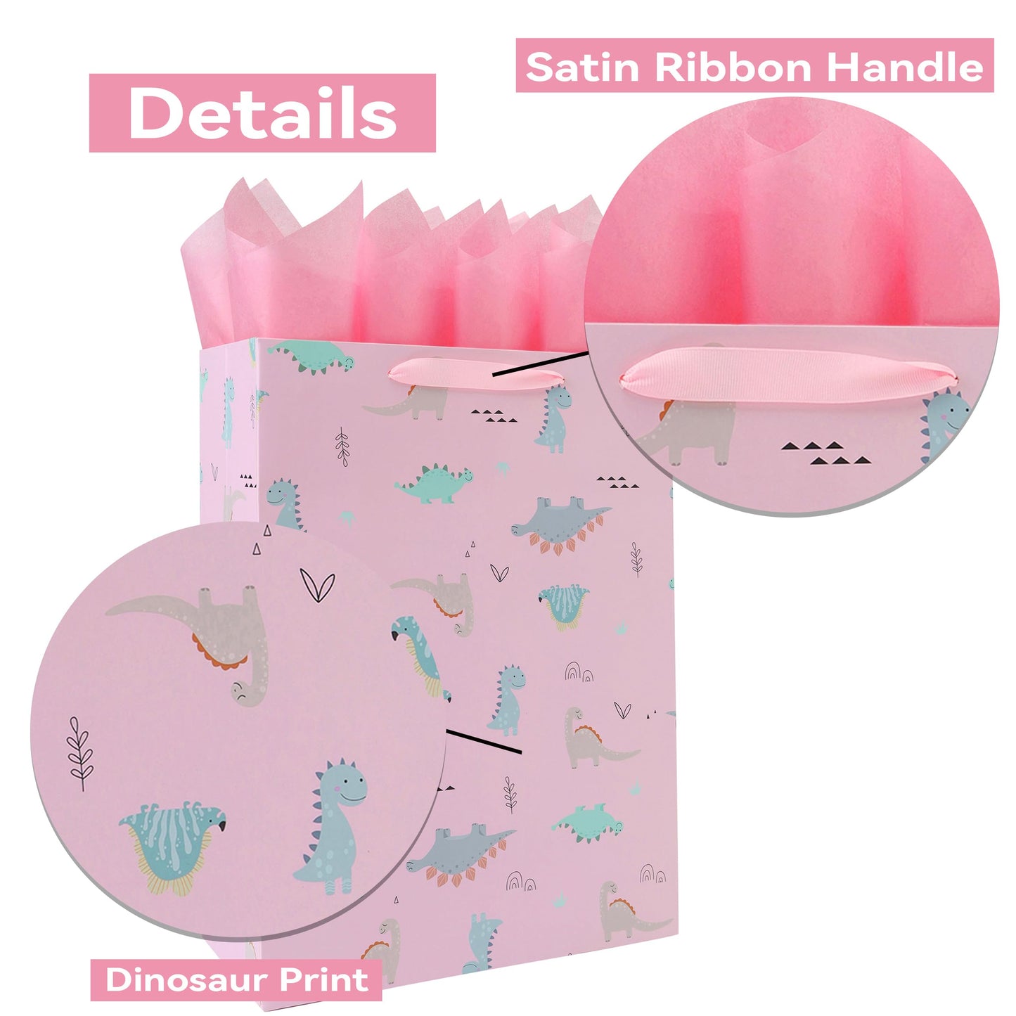 16.5” Extra Large Dinosaur Gift Bag Set with Handles, Greeting Card, Pink Tissue Papers and Stickers for Girls Kids Teens for Birthday Baby Shower Baby Girl Newborn New Moms, Dinosaur-themed Design, 1 Pcs