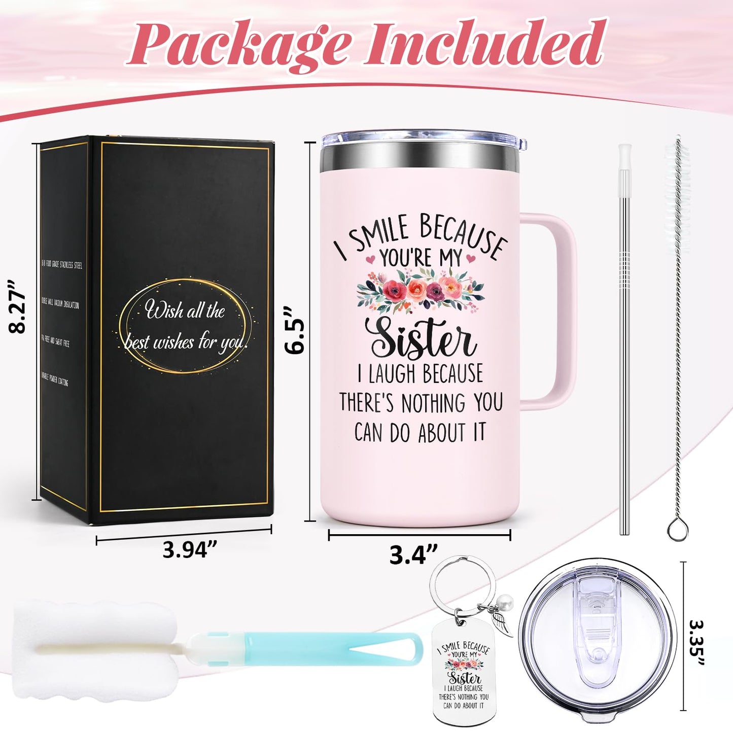 Lifecapido Sister Gifts from Sisters, I Smile Because You’re My Sister 20oz Insulated Coffee Mug with Keychain, Birthday Christmas Mothers Day Gifts for Sisters, Rose Quartz