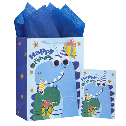 Loveinside Dinosaur Birthday Gift Bag Set, Medium Bag with Tissue Paper, Greeting Card and Tag, Blue Birthday Dinosaur Design, 10" x 5" x 13", 1 Pcs