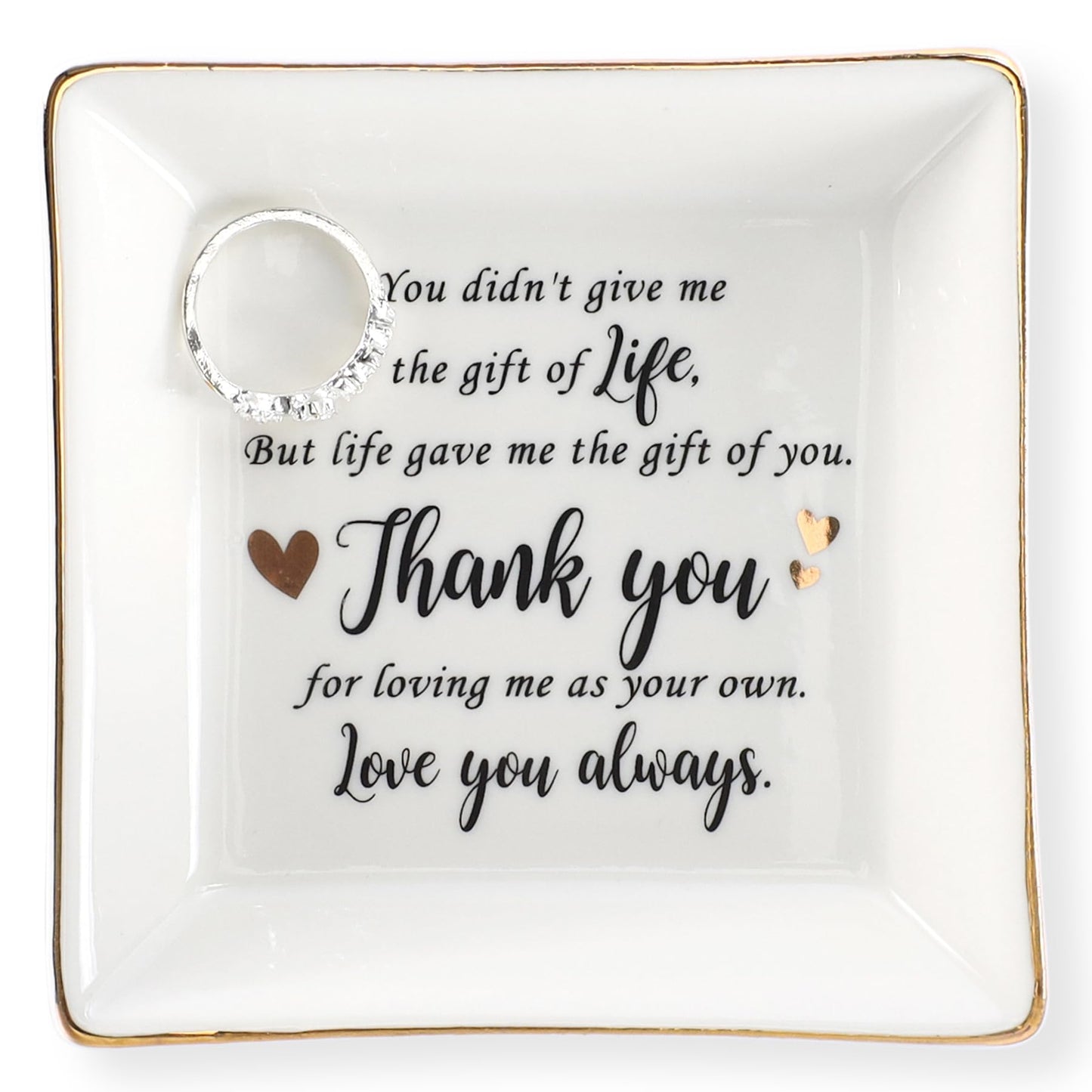HOME SMILE Bonus Mom Gifts Mother's Day,Step Mom Ceramic Ring Jewelry Dish Tray Plate for Birthday Christmas-You Didn't Give Me Life but Life Gave Me You,Thank You for Loving Me As Your Own